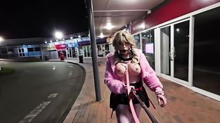 Ball-gagged and tethered sissy on the streets