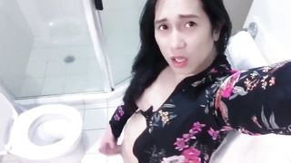 trans cum-shot and peeing in her restroom