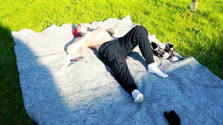 Joy with oil in the backyard