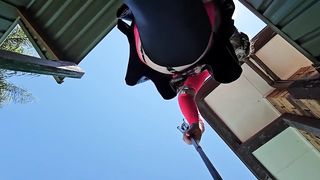 Blinded transgirl sissy urinal showcases in the street and gulps pee