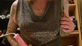 Sissy sits on fake penis and ejaculates using electro-hitachi