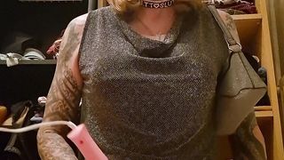 Sissy sits on fake penis and ejaculates using electro-hitachi