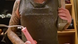 Sissy sits on fake penis and ejaculates using electro-hitachi