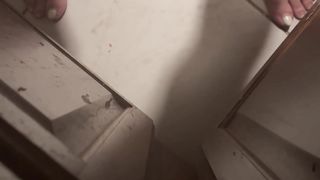 Close Up of Trans Superslut Groping Her Woman Dick and Slurping Jism Off Floor