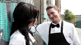 TRANSHUN - Gorgeous TRANSSEXUAL got barebacked in kitchen be4 switch roles drill