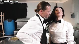 TRANSHUN - Gorgeous TRANSSEXUAL got barebacked in kitchen be4 switch roles drill