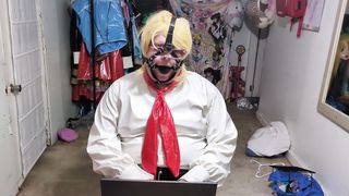 vinyl office Nymph Ball-gagged and Tied with assorted massagers in underpants