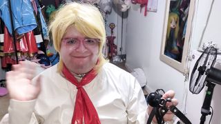 vinyl office Nymph Ball-gagged and Tied with assorted massagers in underpants