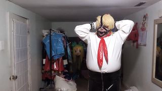 vinyl office Nymph Ball-gagged and Tied with assorted massagers in underpants