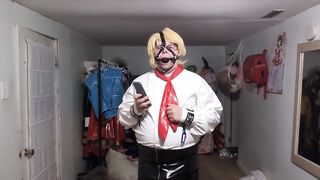 vinyl office Nymph Ball-gagged and Tied with assorted massagers in underpants