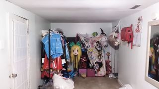 vinyl office Nymph Ball-gagged and Tied with assorted massagers in underpants