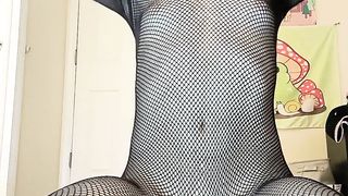 Insatiable trans nymph in fishnets jacks her man rod till she ejaculates then slurps it up off the floor