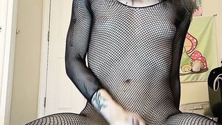 Insatiable trans nymph in fishnets jacks her man rod till she ejaculates then slurps it up off the floor