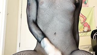 Insatiable trans nymph in fishnets jacks her man rod till she ejaculates then slurps it up off the floor