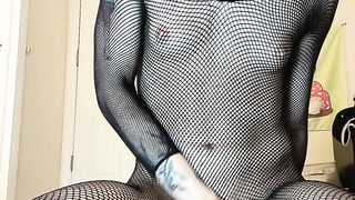 Insatiable trans nymph in fishnets jacks her man rod till she ejaculates then slurps it up off the floor