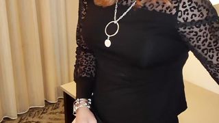 Trans sandy-haired does a undress taunt and plays with her meat