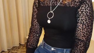 Trans sandy-haired does a undress taunt and plays with her meat