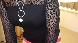 Trans sandy-haired does a undress taunt and plays with her meat