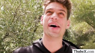 Big tits TS hiker barebacked in the forest by her partner