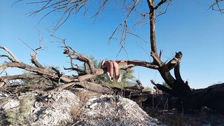 Dulce trans caliente con sandalias se desnuda en publico y monta tronco ancho pene caliente disfruta