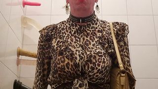 Sissy office cockslut pees while railing trio fake penis's