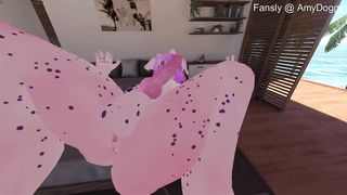 Fur covered Puppy chick deep-throats her own rod while played with