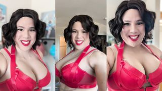 Sissy Candy in Crimson Undergarments Gets Spitroasted by Her Drilling Machine and Lady