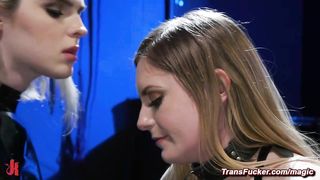 Shemale in latex suit anal fucks slave