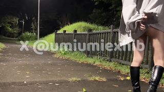 JAPANESE Crossdresser jacks bare in a park at night