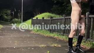 JAPANESE Crossdresser jacks bare in a park at night
