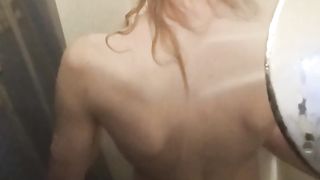 Warm Bathroom Joy: Super hot Trans Damsel Joys Herself with a Faux-cock