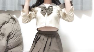 男の娘 - 人通りのある夜のベランダで隠れて制服オナニー Crossdresser