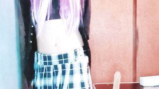 Rosy hair sissy e-chick pummeling bootie with faux-cock