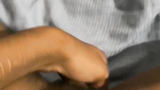 Trans man toying with pretty muff with magic wand