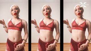 Caress my bean & puffies over underpants with a plug