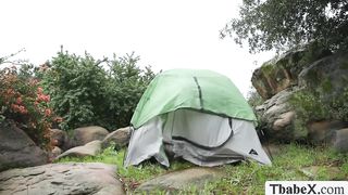 Tgirl hiker Ember Fiera analed in forest mountain