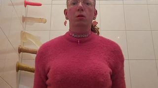 Sissy fuckdoll pees while railing a fake penis