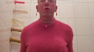 Sissy fuckdoll pees while railing a fake penis