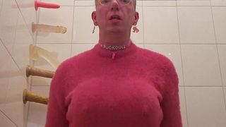 Sissy fuckdoll pees while railing a fake penis