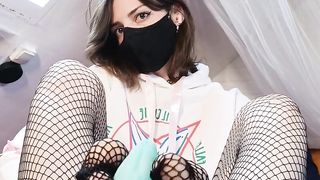 Trans Doll Gives You a FEET WANK in Her Torn Fishnets