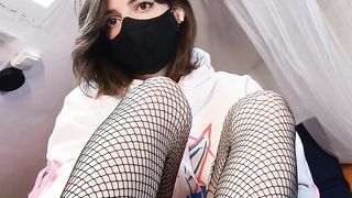 Trans Doll Gives You a FEET WANK in Her Torn Fishnets