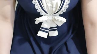 Crossdresser Dressed in a Blue Sailor Sundress and a Sanitary Towel, then Draining off two 男の娘 洋服 偽娘 生理用ナプキン