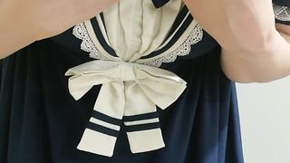 Crossdresser Dressed in a Blue Sailor Sundress and a Large Nappy, then Tugging Off five 男の娘 洋服 偽娘 おむつ