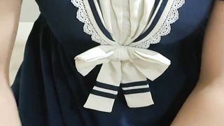 Crossdresser Dressed in a Blue Sailor Sundress and a Large Nappy, then Tugging Off five 男の娘 洋服 偽娘 おむつ