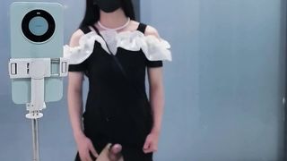 Chinese t-model in black cock-squeezing microskirt finishes off at the door of public rest room