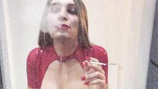 First-timer Sissy Crossdresser Trans Smokes Ciggy Slender Behind the Glass Fetish Platinum-blonde Spandex