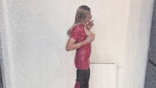 First-timer Sissy Crossdresser Trans Smokes Ciggy Slender Behind the Glass Fetish Platinum-blonde Spandex