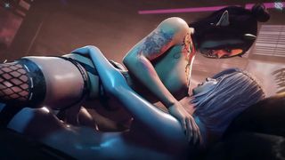 Bang-out inbetween alt femmes in a cyberpunk world in the nightclub shower