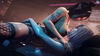 Bang-out inbetween alt femmes in a cyberpunk world in the nightclub shower