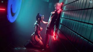 Bang-out inbetween alt femmes in a cyberpunk world in the nightclub shower